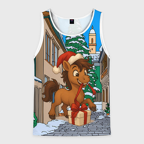 Мужская майка без рукавов Лошадка распаковывает новогодний подарок / 3D-Белый – фото 1