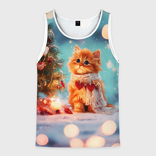 Мужская майка без рукавов Рыжий маленький новогодний котенок / 3D-Белый – фото 1