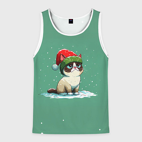 Мужская майка без рукавов Новогодний мем котик / 3D-Белый – фото 1
