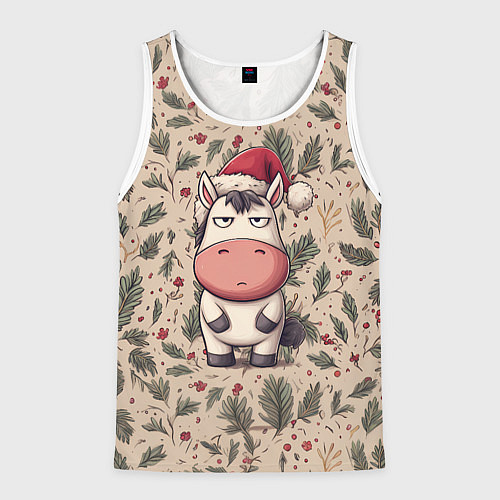 Мужская майка без рукавов Новогодняя лошадка на фоне елочных веток / 3D-Белый – фото 1