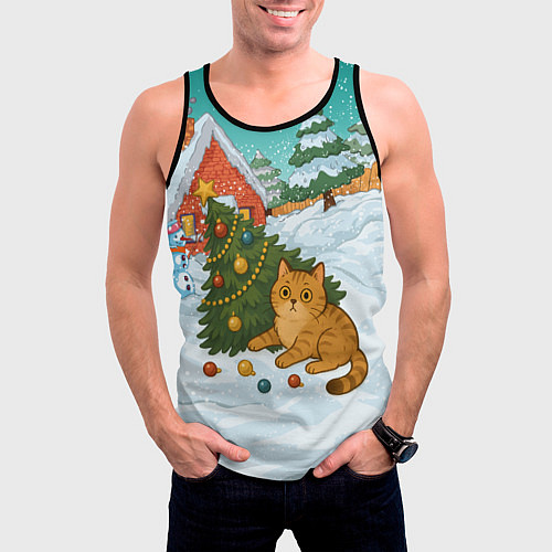 Мужская майка без рукавов Толстый кот уронил елку / 3D-Черный – фото 3