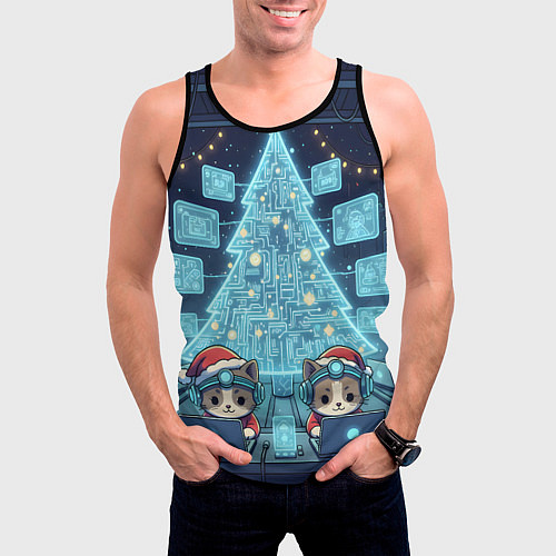Мужская майка без рукавов Новогодние котики айтишники / 3D-Черный – фото 3