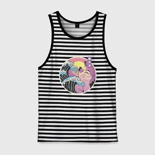 Мужская майка Vaporwave Sunset Кот Самурай / Черная тельняшка – фото 1