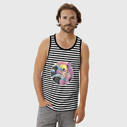 Майка мужская хлопок Vaporwave Sunset Кот Самурай, цвет: черная тельняшка — фото 2