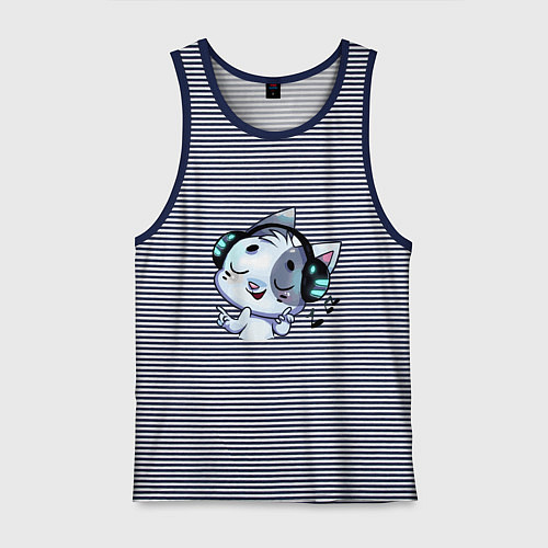 Мужская майка Котик в наушниках / Синяя тельняшка – фото 1