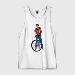 Майка мужская хлопок Golden boy со своим велосипедом, цвет: белый