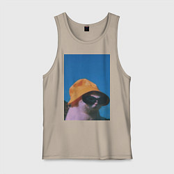 Майка мужская хлопок Котик в шляпе и очках, цвет: миндальный