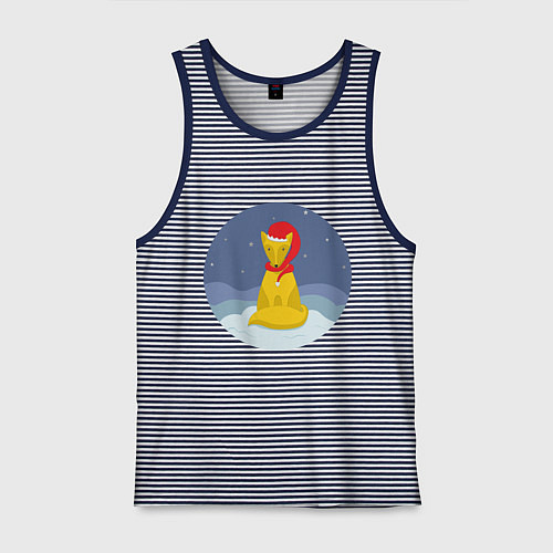 Мужская майка Лиса на снегу в красной зимней шапке / Синяя тельняшка – фото 1