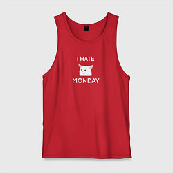 Майка мужская хлопок I hate monday текст с котом, цвет: красный