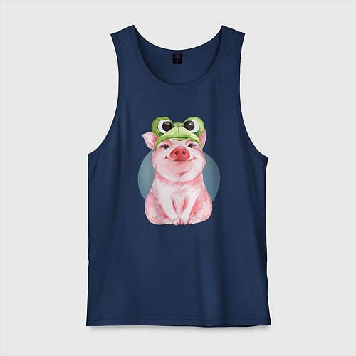 Мужская майка Милый поросенок в шапке-лягушке / Тёмно-синий – фото 1
