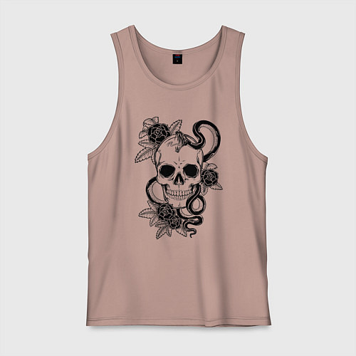 Мужская майка Чёрная мамба обвивает череп и розы / Пыльно-розовый – фото 1