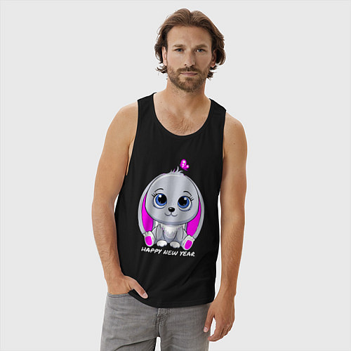 Мужская майка Милый кролик happy new year / Черный – фото 3