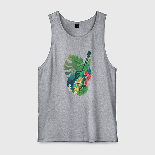 Мужская майка Ретро акустическая гитара с барабаном и тропически / Меланж – фото 1