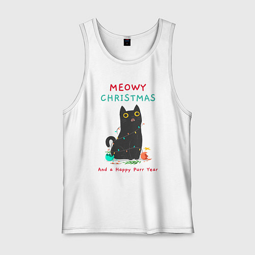 Мужская майка Meowy Christmas and a happy purr year / Белый – фото 1
