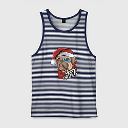 Майка мужская хлопок Pug merry christmas, цвет: синяя тельняшка