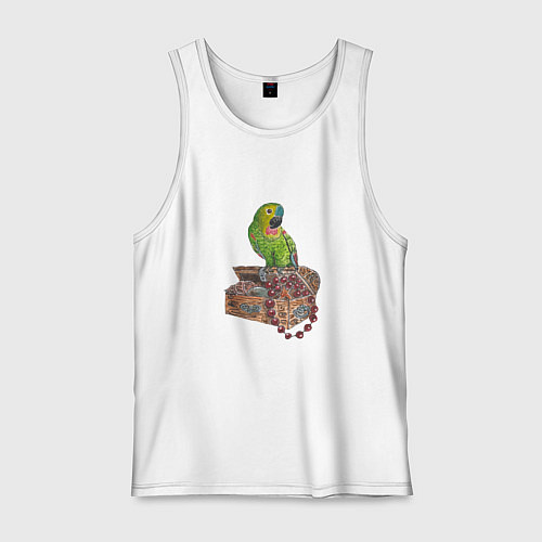 Мужская майка Зеленый попугай на сундуке с сокровищами / Белый – фото 1