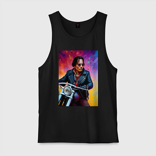 Мужская майка Джонни Депп на мотоцикле - нейросеть / Черный – фото 1