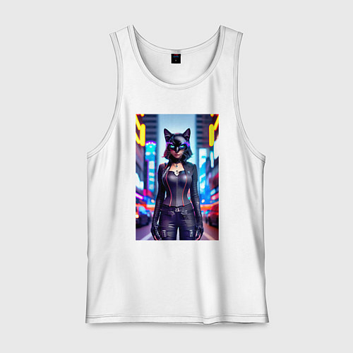 Мужская майка Крутая кисуля - киберпанк - Нью-Йорк / Белый – фото 1