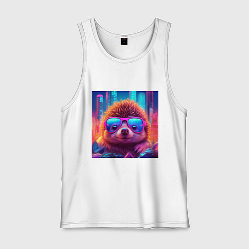 Мужская майка Ежик в очках на фоне неонового города / Белый – фото 1