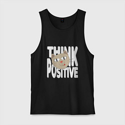 Майка мужская хлопок Забавный кот и надпись Think positive, цвет: черный