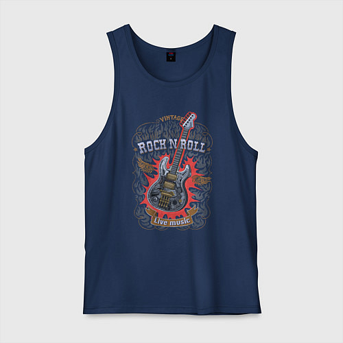 Мужская майка Рок-н-ролл с гитарой стимпанк в огне / Тёмно-синий – фото 1