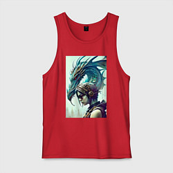 Майка мужская хлопок Девчонка в шлеме и дракон - киберпанк, цвет: красный