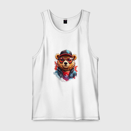 Мужская майка Модный медведь в кепке и в очках / Белый – фото 1