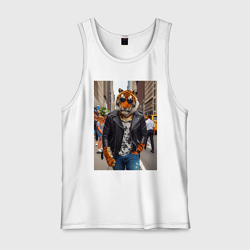 Мужская майка Cool tiger on the streets of New York - ai art / Белый – фото 1