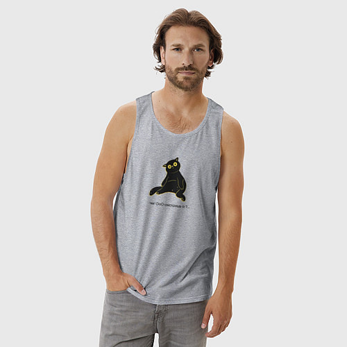 Мужская майка Чёрный котик с вопросительным взглядом чего смотри / Меланж – фото 3