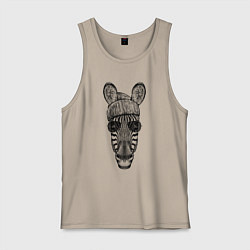 Майка мужская хлопок Зебра в очках и шапке, цвет: миндальный