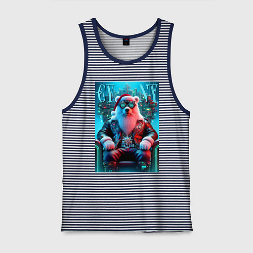 Мужская майка Медведь на кибер троне - нейросеть / Синяя тельняшка – фото 1