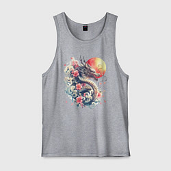 Майка мужская хлопок Японский дракон на фоне солнца и цветки сакуры, цвет: меланж