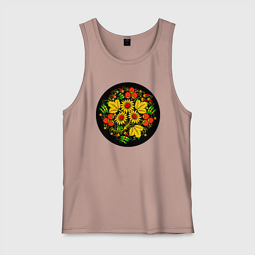 Мужская майка Хохломская роспись цветы и ягоды в чёрном круге / Пыльно-розовый – фото 1