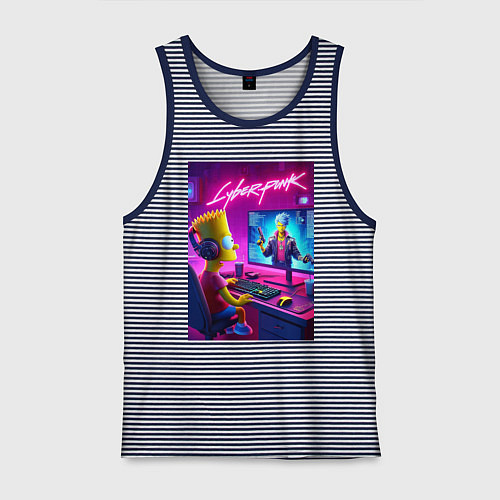 Мужская майка Gamer Bart - cyberpunk / Синяя тельняшка – фото 1