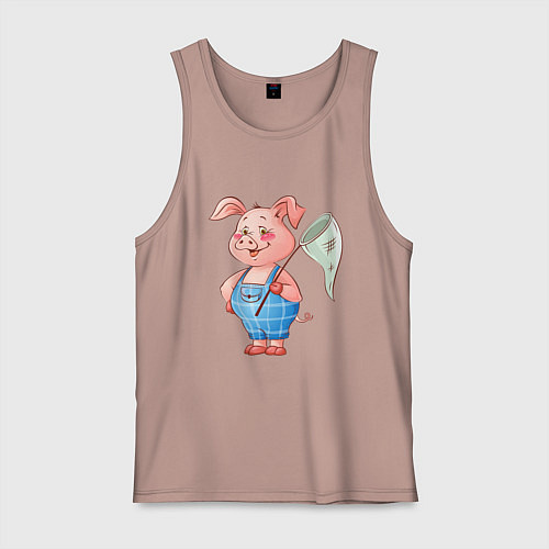 Мужская майка Мультяшный поросенок с сачком / Пыльно-розовый – фото 1