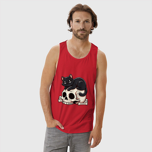 Мужская майка Черный кот лежит на черепе / Красный – фото 3