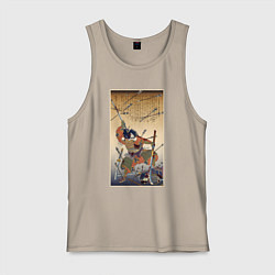 Майка мужская хлопок Японский самурай с катаной и нагинатой: гравюра ук, цвет: миндальный