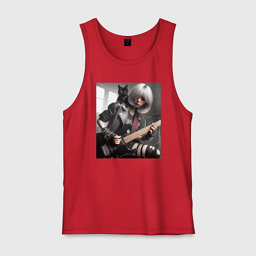 Мужская майка Девчонка рок гитарист с чёрным котом / Красный – фото 1
