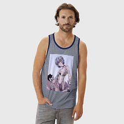 Майка мужская хлопок Евангелион Рей Аянами кот, цвет: синяя тельняшка — фото 2