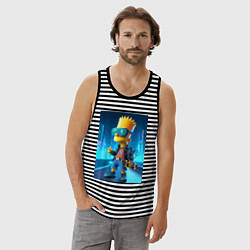 Майка мужская хлопок Барт Симпсон в неоновом городе со скейтбордом - не, цвет: черная тельняшка — фото 2