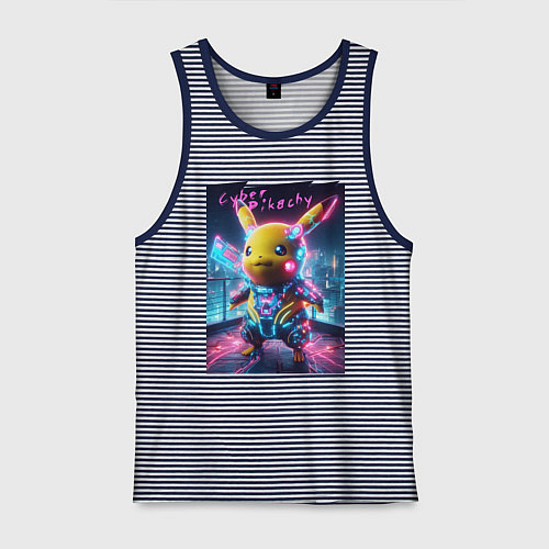 Мужская майка Cyber Pikachu - neon glow ai art fantasy / Синяя тельняшка – фото 1