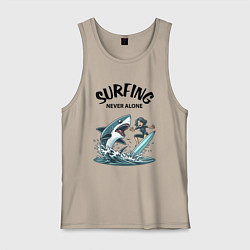 Майка мужская хлопок Surfing never alone - shark and girl, цвет: миндальный