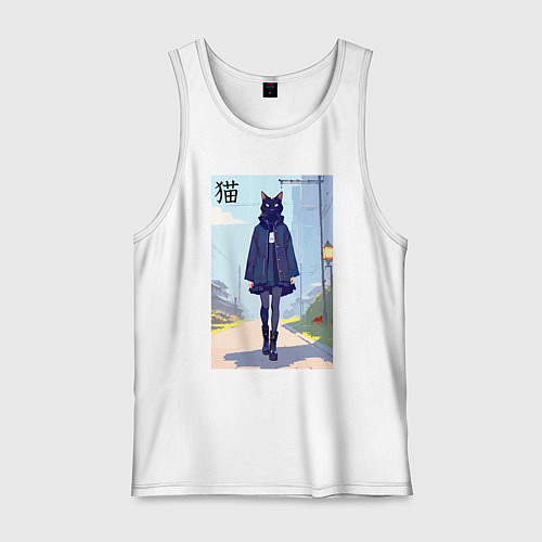 Мужская майка Чёрная кошечка на своём районе - нейросеть / Белый – фото 1