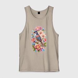 Майка мужская хлопок Птица Калипта Анны среди цветов, цвет: миндальный
