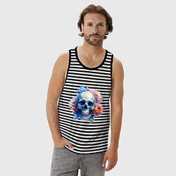 Майка мужская хлопок Акварельный череп в цветах, цвет: черная тельняшка — фото 2