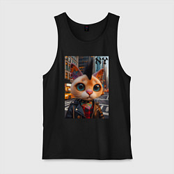 Майка мужская хлопок Глазастый котёнок панк из Нью-Йорка - нейросеть, цвет: черный