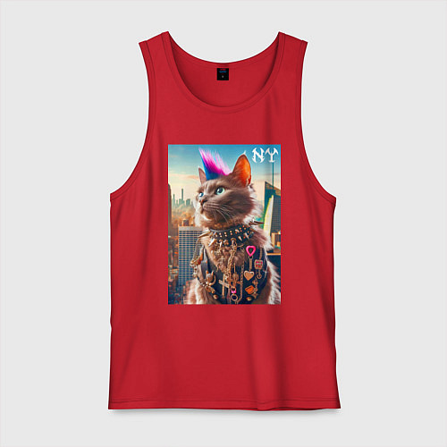 Мужская майка Funny cat punk from New York - ai art / Красный – фото 1