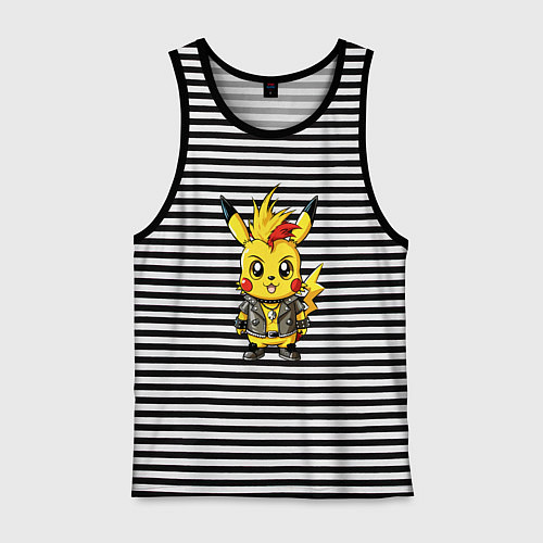 Мужская майка Пикачу панк с ирокезом и в косухе / Черная тельняшка – фото 1