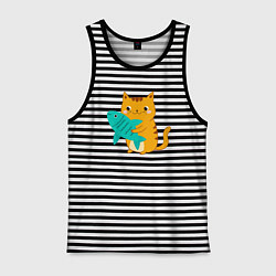 Майка мужская хлопок Рыжий котик с рыбкой, цвет: черная тельняшка