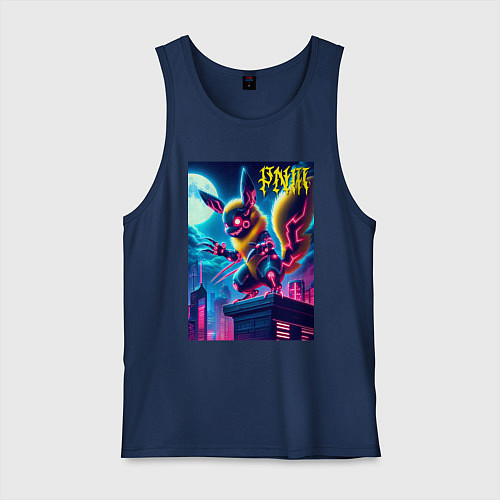 Мужская майка Ужасный Пикачу на крыше небоскрёба - хэллоуин / Тёмно-синий – фото 1